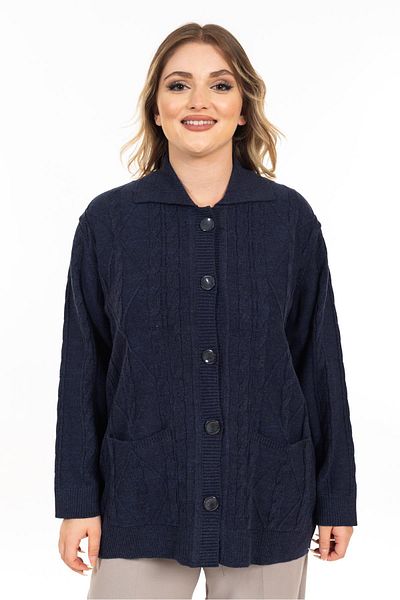 Mutlu City Women's Middle-Age and Above Soft Texture Polo Collar Buttoned Mother Knitwear Cardigan 2417-Indigo