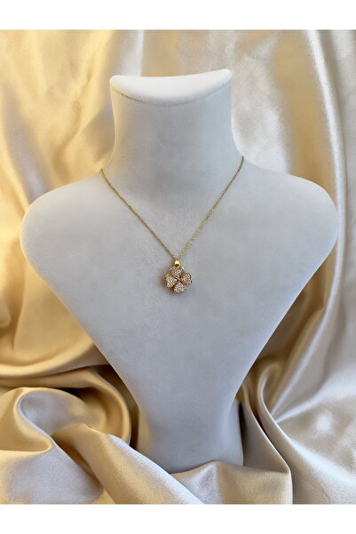 Butik Hareketli Yonca Uçlu Gold Çelik Kolye