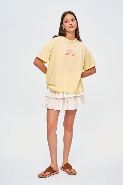 Tuba Butik Women's Yellow T-Shirt - Crew Neck, Printed, Short Sleeve