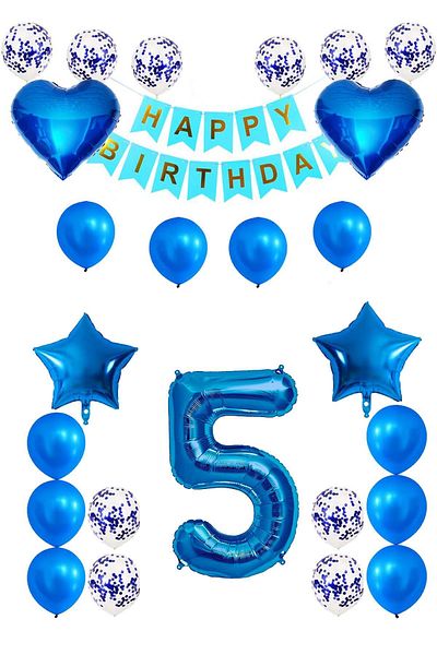 Patladı Gitti 5 Years Old Blue Concept Birthday Set; Heart Star Foil Balloon Set