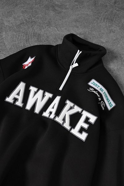 Slatra Men's Black Awake Embroidered Half Zipper Oversize Sweatshirt