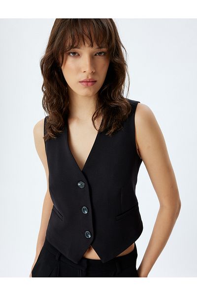 Koton V-Neck Buttoned Slim Fit Crop Blazer Vest