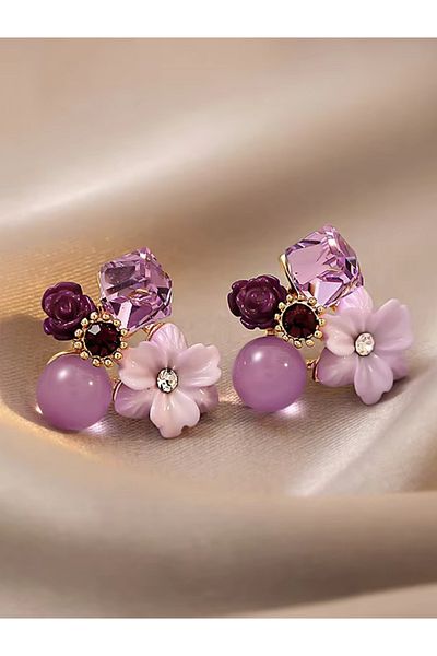 Nice For You Princess Purple Crystal Flower Earrings