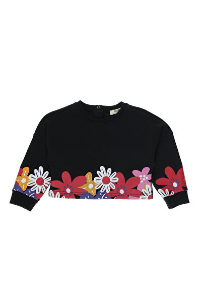 Panço Kız Bebek Etek Ucu Çiçekli Crop Siyah Sweatshirt