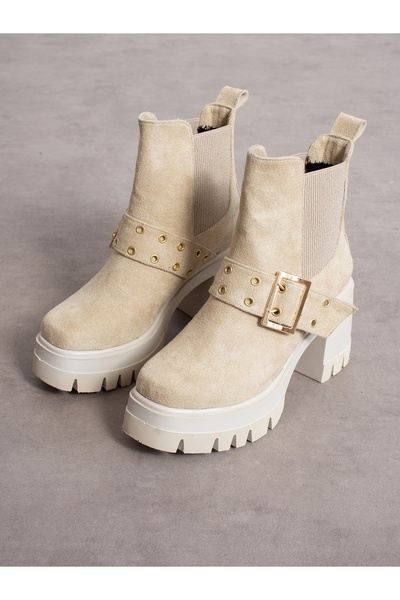 Alemdar Shoes Γυναικείες μπότες ALDENA Cream Suede με λεπτομέρεια με αγκράφα