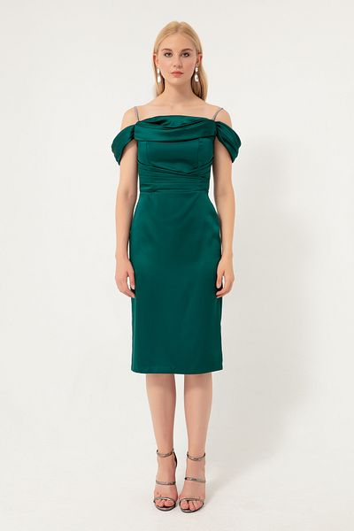Lafaba Women's Emerald Green Stone Strap Midi Evening Dress