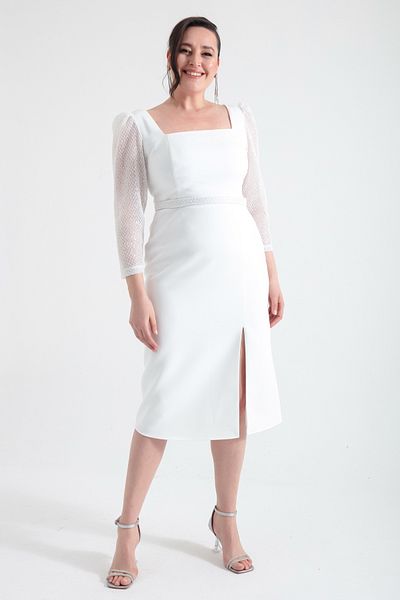 Lafaba Women's White Square Collar Belted Midi Plus Size Evening Dress