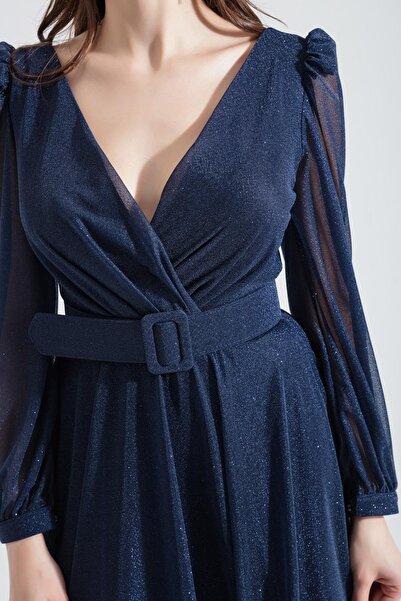 Lafaba Női sötétkék duplasoros galléros öv csillogó midi estélyi ruha