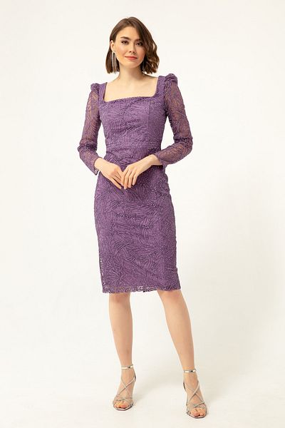 Lafaba Women's Lavender Square Collar Glitter Midi Evening Dress