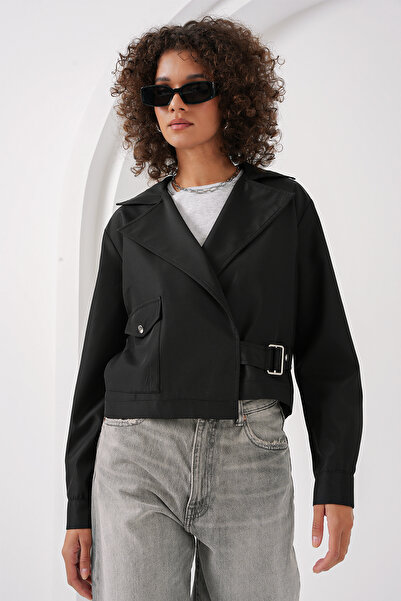 Bigdart 0712 Kruvaze Yaka Kısa Trençkot - Siyah