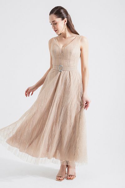 Lafaba Women's Beige V-Neck Glitter Midi Evening Dress