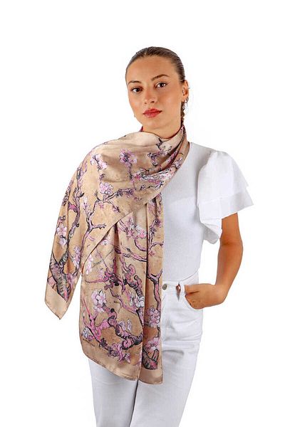 Bursa İpek Camel Almond Flower Silky Scarf