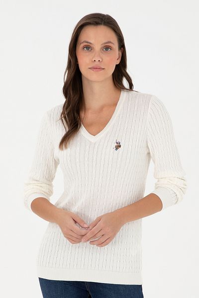 U.S. Polo Assn. Pulover de damă Ecru Basic cu decolteu în V 50288992 -VR019