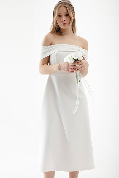 Lafaba Női fehér csónaknyakú Midi estélyi ruha