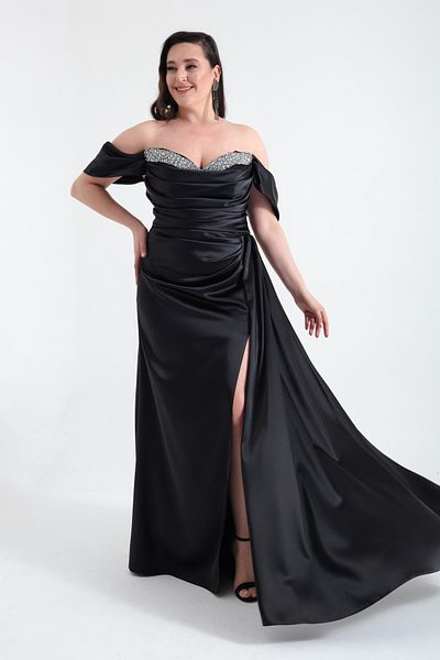 Lafaba Women's Black Boat Neck Slit Long Plus Size Satin Evening Dress