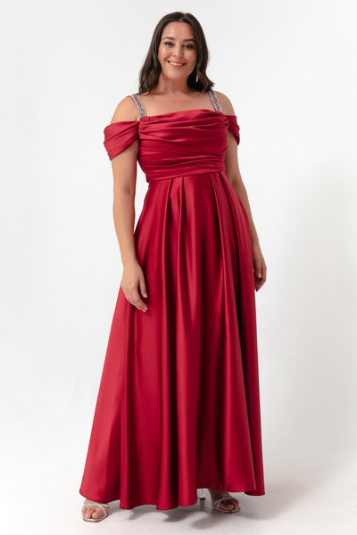 Lafaba Women's Burgundy Stone Strap Draped Plus Size Long Evening Dress