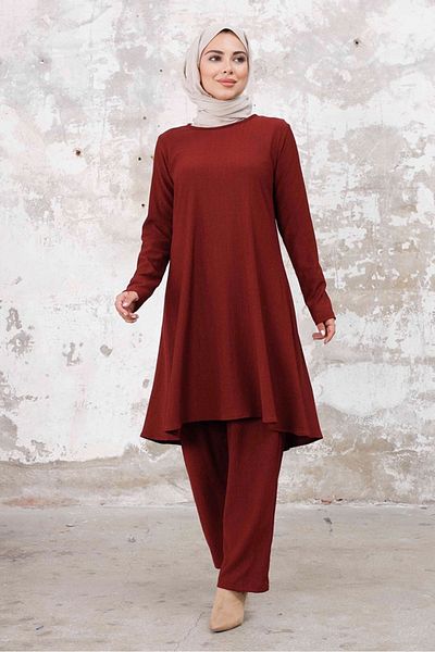 Bestenur Seyal Tunic Παντελόνι Ζαρωμένο Κοστούμι 1252 - Claret Red