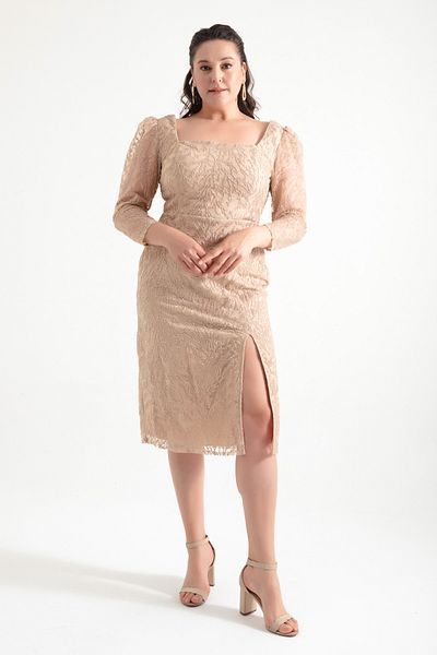 Lafaba Rochie de seară midi, cu guler pătrat auriu, cu sclipici, mărime Plus