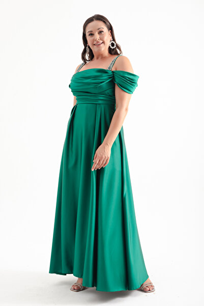 Lafaba Green Stone Detailed Draped Plus Size Long Women's Evening Dress