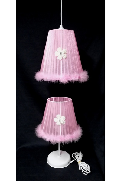 TEKAY AYDINLATMA Kız Çocuk Odası Bebek Odası Pembe Tüylü Papatya Peluş Avize Abajur Seti