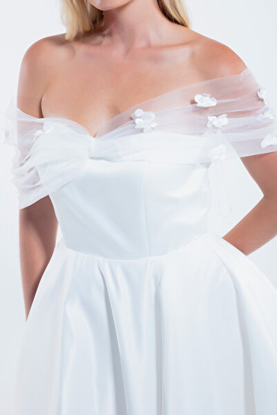 Lafaba White Midi Design - Boat Neck Women's Evening Dress