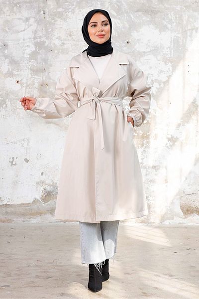 Bestenur Stone Colored Aylen Belted Trench Coat 1240