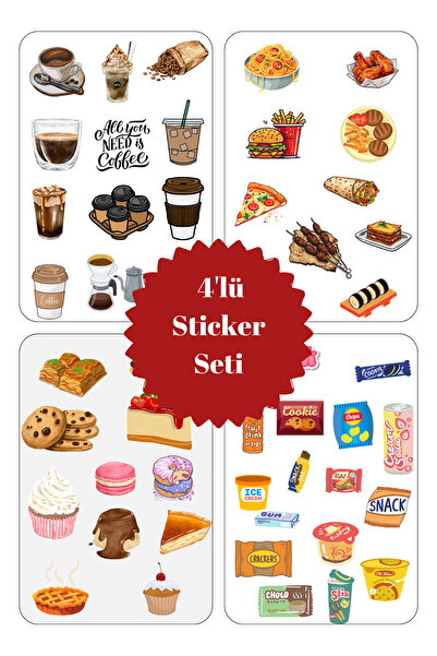 ANSHA CRAFTS Kahve - Tatlı- Yemek - Atıştırmalık 4'lü Sticker Seti - Bullet J...