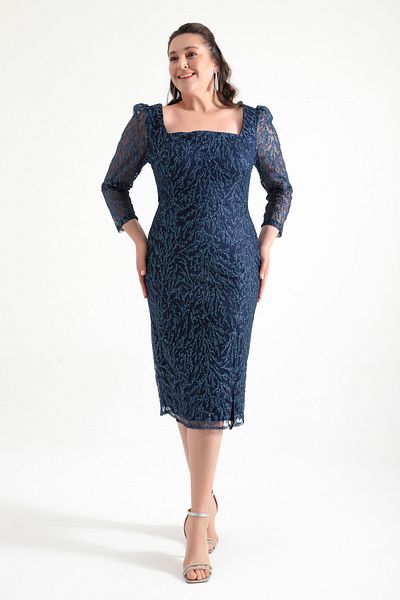 Lafaba Women's Navy Blue Square Collar Glitter Plus Size Midi Evening Dress