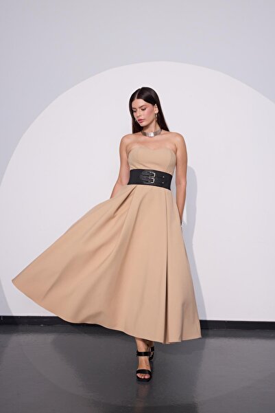 NOK İSTANBUL Sophisticated Corsage Elegance Maxi Boy Elbise Vizon