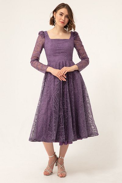 Lafaba Women's Lavender Square Neck Silvery Evening Dress