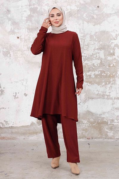Bestenur Seyal Tunic Παντελόνι Ζαρωμένο Κοστούμι 1252 - Claret Red
