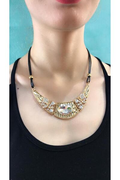 Gönülden Tasarım Zircon Stone Embellished Leather Strap Women's Necklace 21 cm
