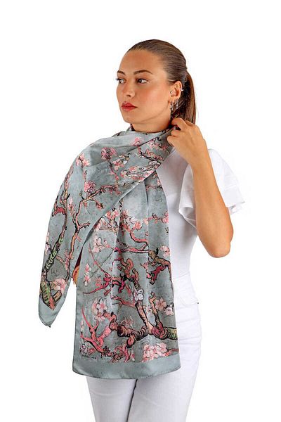 Bursa İpek Gray Almond Flower Silky Scarf