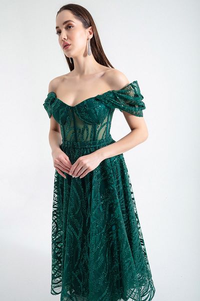 Lafaba Women's Emerald Green Boat Neck Glitter Midi Evening Dress