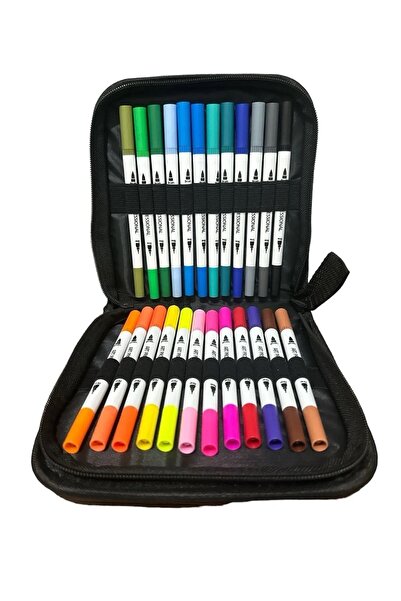 BEYZANA 24 Lü Çift Uçlu Fırça Ve 0.4 Mm Fine Uçlu Marker Kalem Seti Deri Tarz...