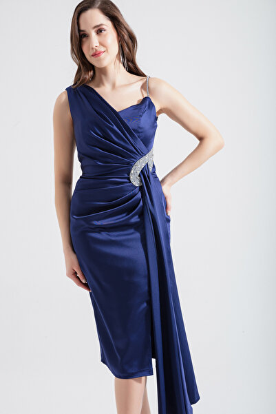 Lafaba Kadın Lacivert Tek Omuzlu Taşlı Midi Abiye Elbise