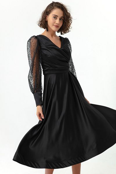 Lafaba Women's Black Double Breasted Collar Glitter Midi Satin Evening Dress