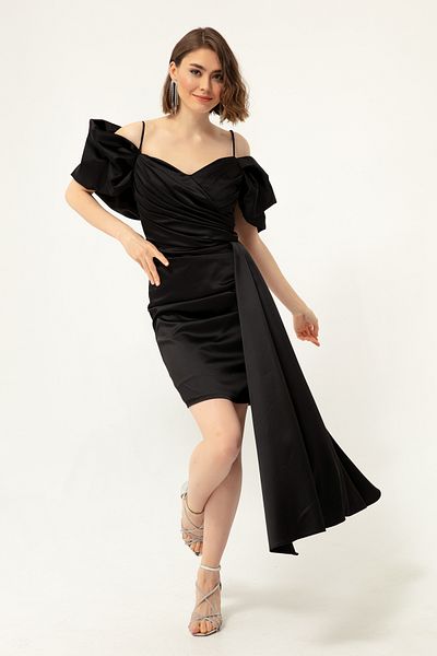 Lafaba Women's Black Thin Strap Tailed Evening Dress