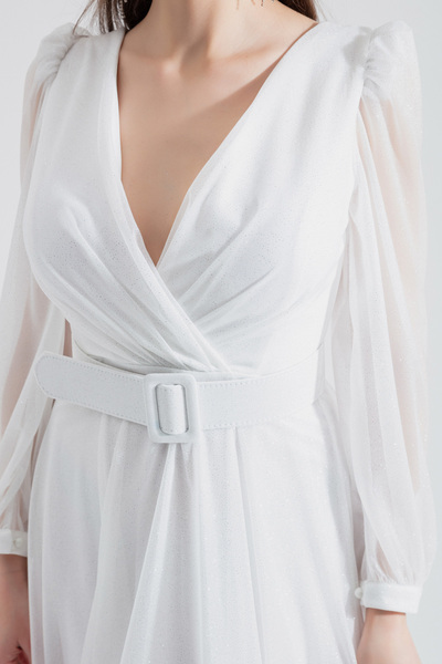 Lafaba Γυναικείο βραδινό φόρεμα με γκλίτερ λευκό γιακά με διπλό στήθος