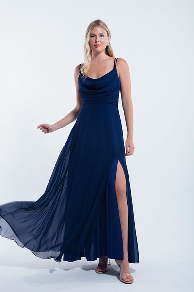 Lafaba Navy Blue Chiffon Strap Women's Evening Dress