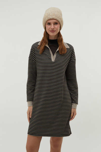 Mudo Women's Black Striped Polo Collar Mini Dress