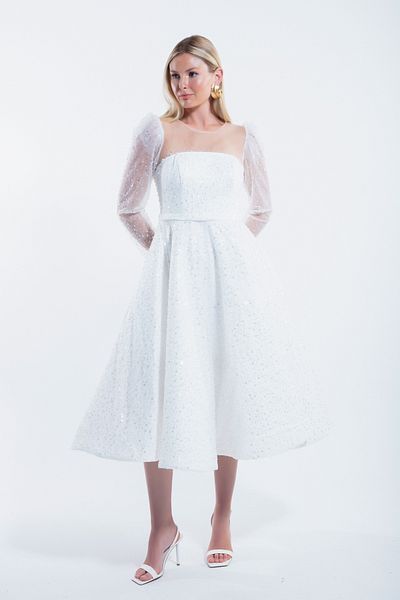 Lafaba White Glitter Midi Evening Dress - Flared Cut Women's Dress