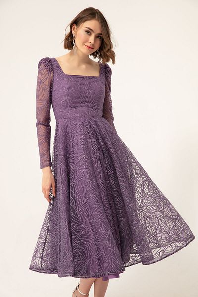 Lafaba Women's Lavender Square Neck Silvery Evening Dress
