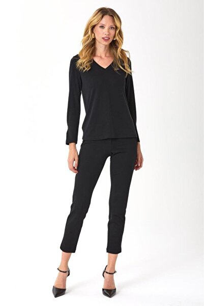 İKİLER V Yaka Kolu Düğme Detaylı Bluz 245-1007