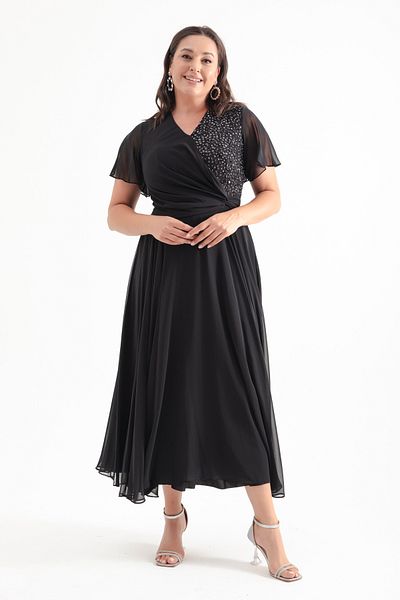 Lafaba Plus Size Black Glittered Double-Neck Long Evening Dress