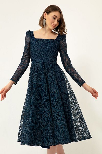 Lafaba Women's Navy Blue Square Neck Silvery Evening Dress