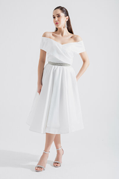 Lafaba Women's White Boat Neck Stripe Jewelled Midi Evening Dress