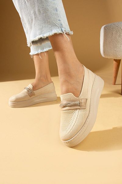 ShoeTek Дамски мокасини Ariana с верижка и камъни, плетени, бежови