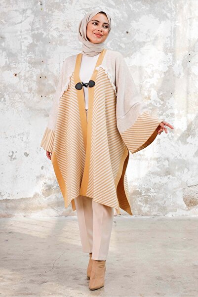 Bestenur Oversize Tasseled Knitwear Poncho 1239 - Stone