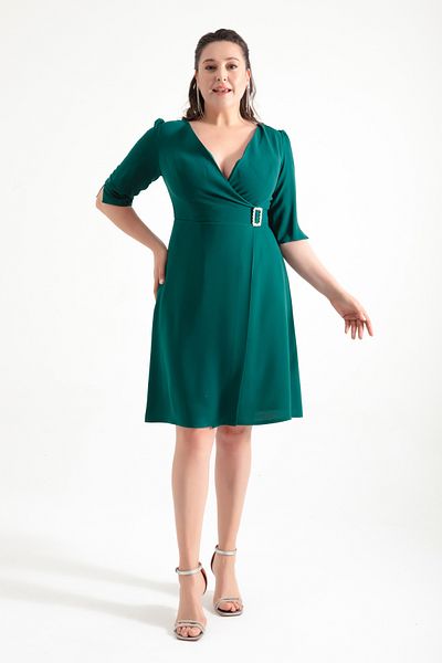 Lafaba Women's Emerald Green V-Neck Large Size Evening Dress with Ornamental Belt